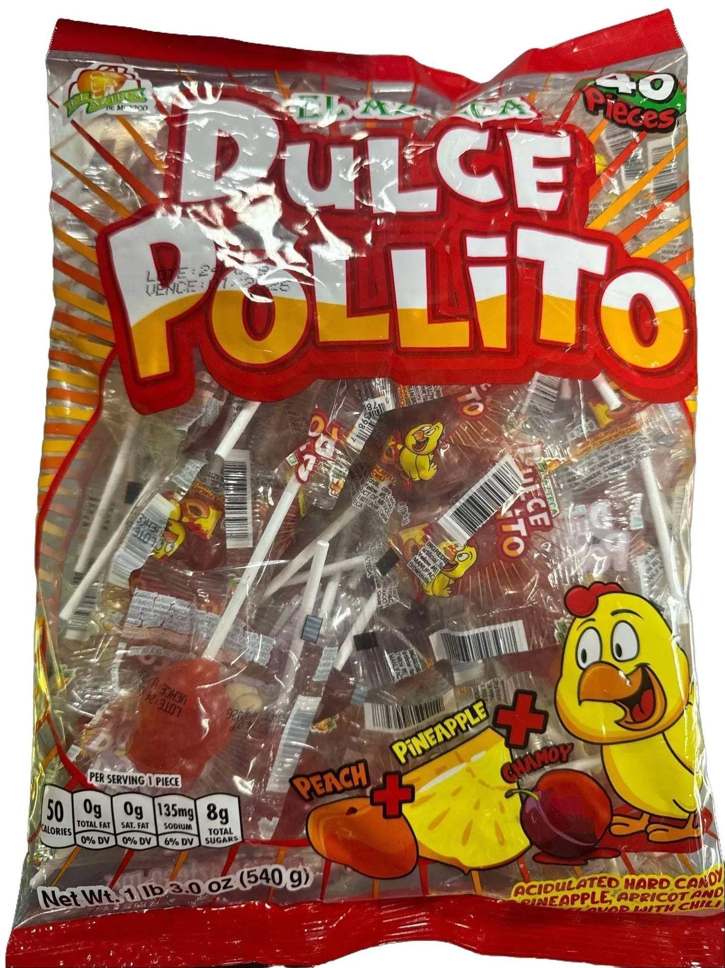 Dulce Pollito Peach, Pineapple & chamoy 40 count suckers