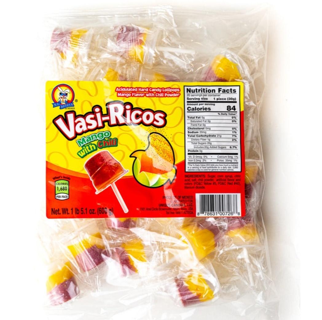 Vasi-Ricos Cucumber with Chili, Mango with Chili, or Watermelon with Chili or chamoy with chili 20 Count Lollipops