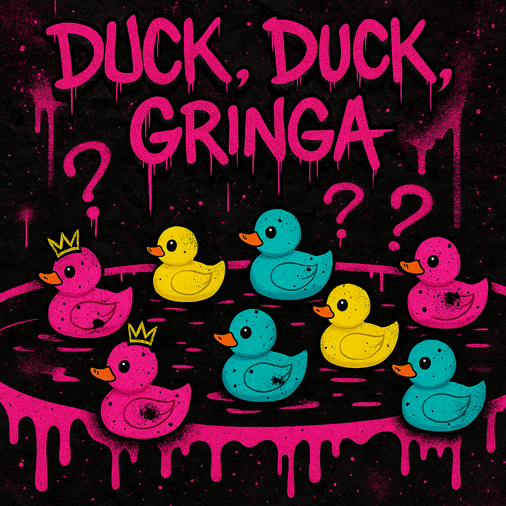 "Graffiti-style Duck, Duck, Gringa mystery duck pool game. Players pick ducks to win candy, prizes, and apparel with a one-time 'Duck It' redo option."