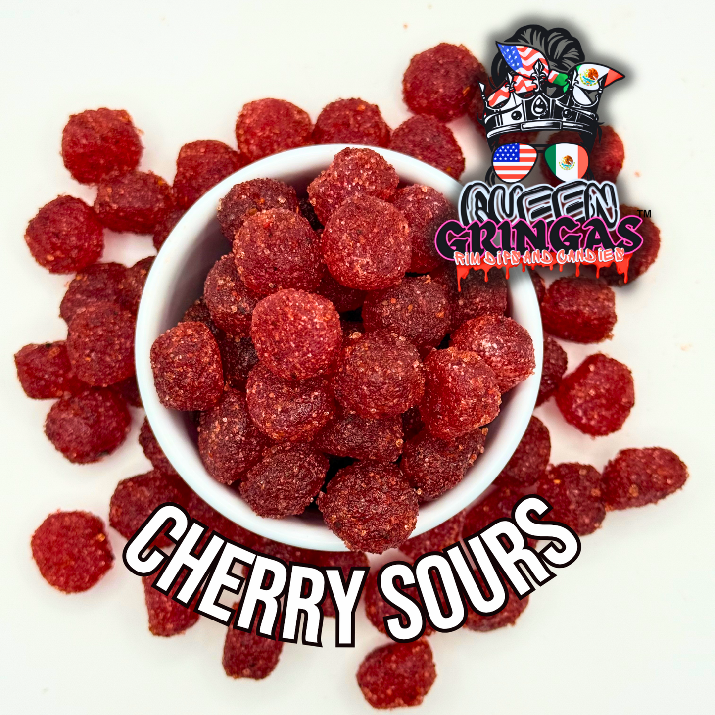 Cherry Sours candy bites in a bowl, sweet and tart red cherry candy by Queen Gringas