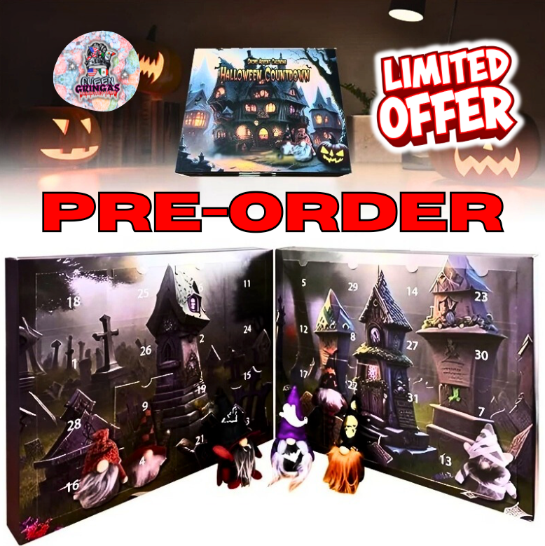 Halloween-themed advent calendar with limited offer text and pumpkins in the background