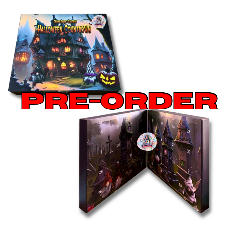 Halloween-themed advent calendar with haunted house design and 'PRE-ORDER' text.