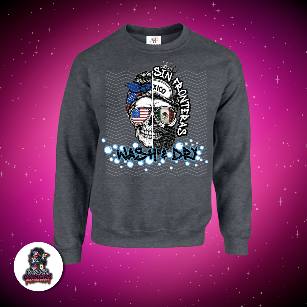 Sin Fronteras skull crewneck with Mexico and USA flag design on dark gray sweater