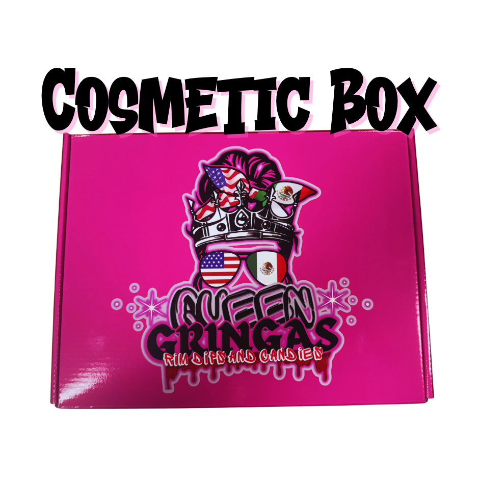 Hot pink Queen Gringa cosmetic mystery box filled with makeup, lashes, skincare, and beauty surprise items.
