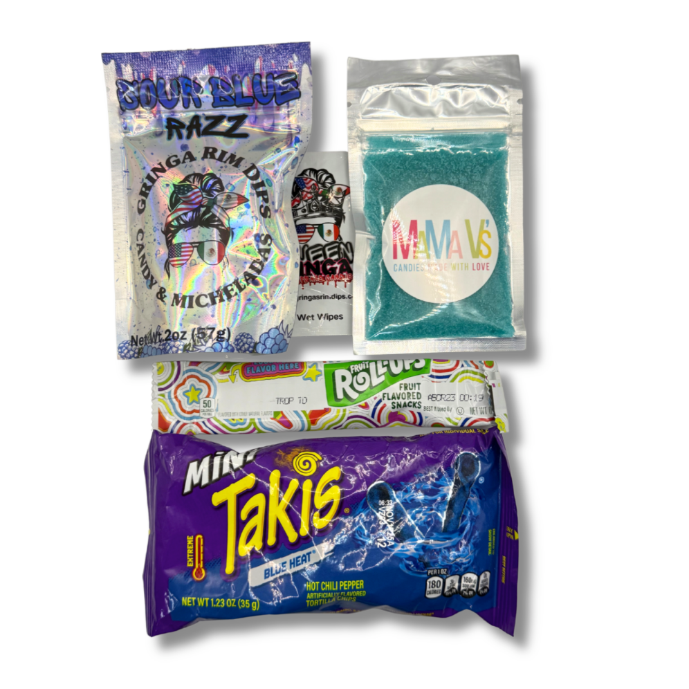 Assorted snack packages including Takis, Mamas, and others on a white background