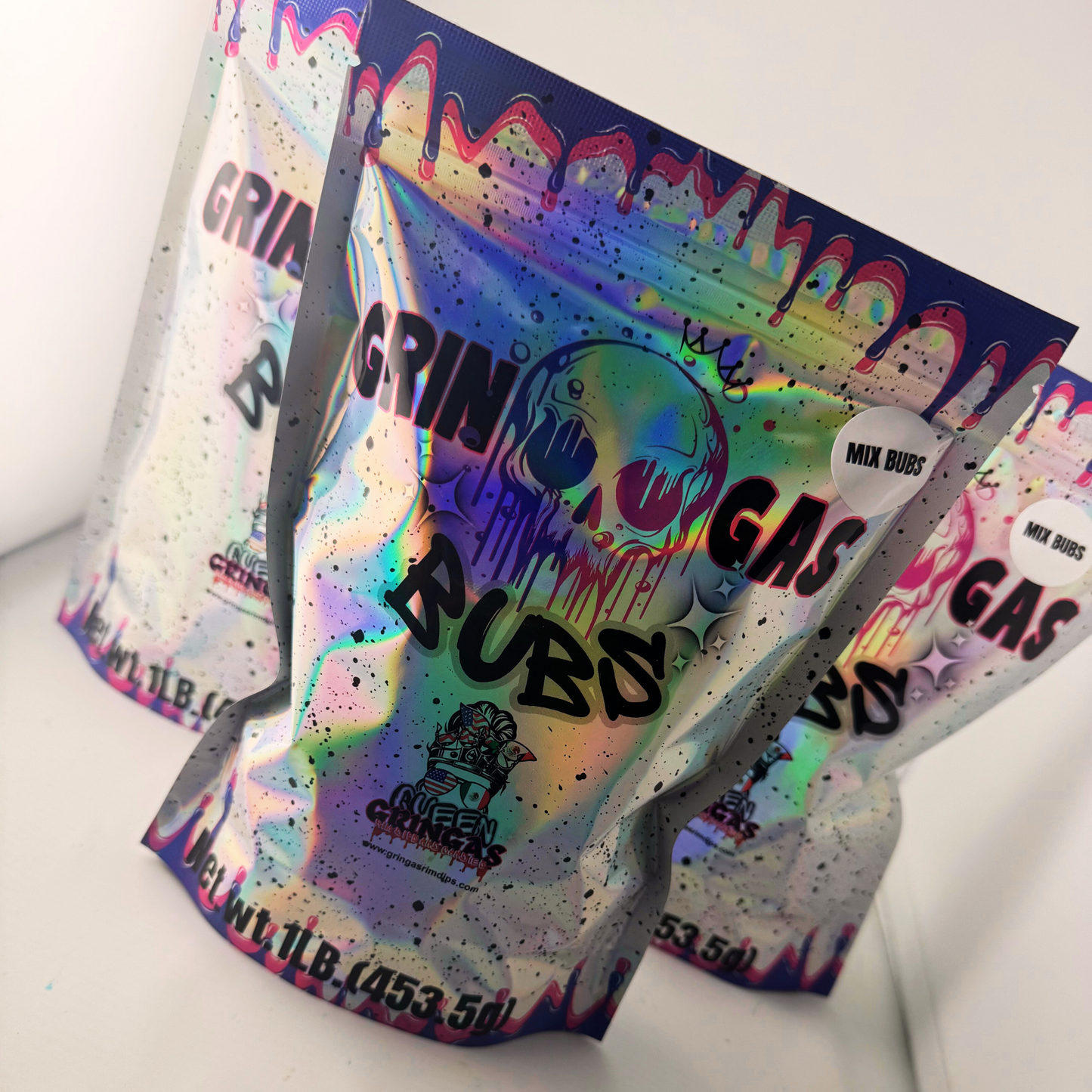 Gringas Bubs Candy – Sweet and tangy individually wrapped fruity gummies displayed in front of a holographic resealable bag. Features bold, vibrant colors and chewy texture. Perfect for gifting, snacking, or candy buffets.