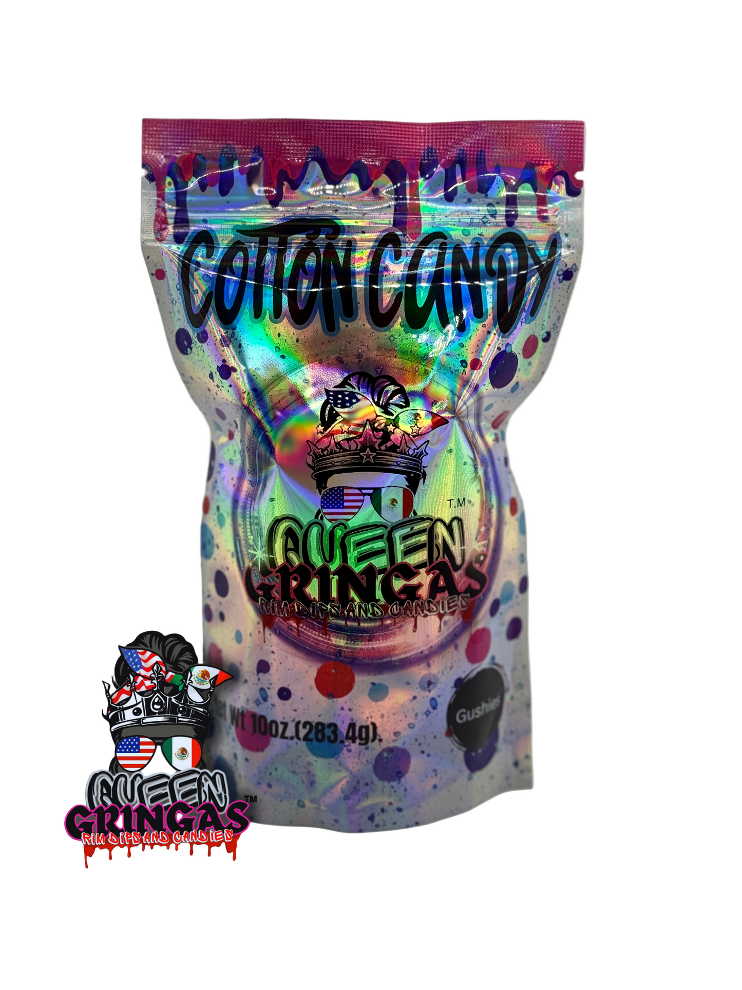 Holographic packaging with 'Queen Candy' branding on a white background