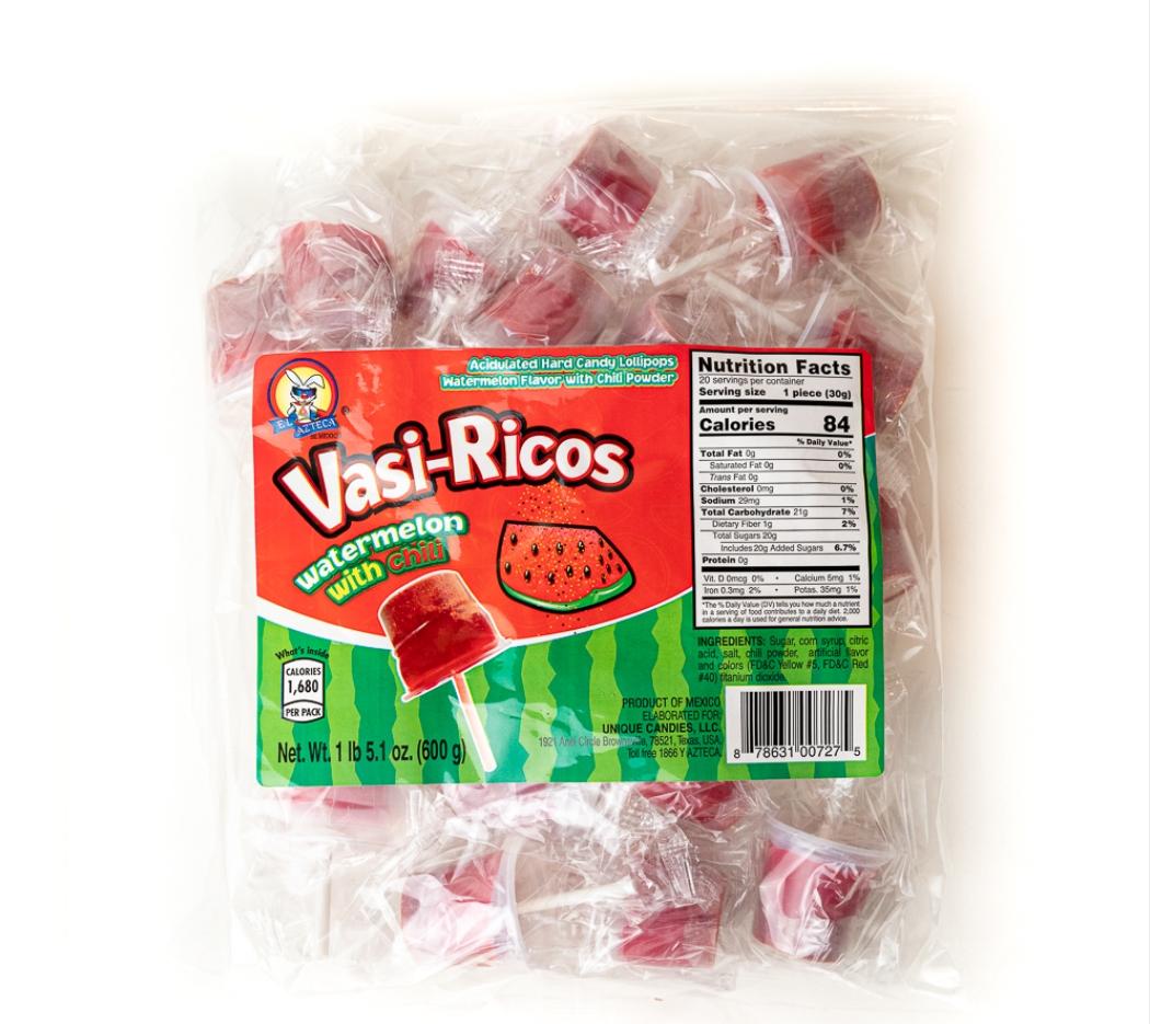 Vasi-Ricos Cucumber with Chili, Mango with Chili, or Watermelon with Chili or chamoy with chili 20 Count Lollipops