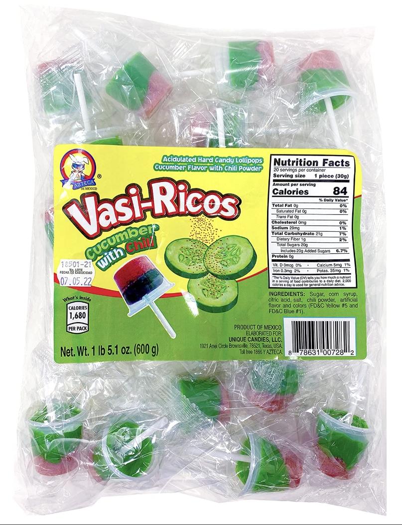 Vasi-Ricos Cucumber with Chili, Mango with Chili, or Watermelon with Chili or chamoy with chili 20 Count Lollipops
