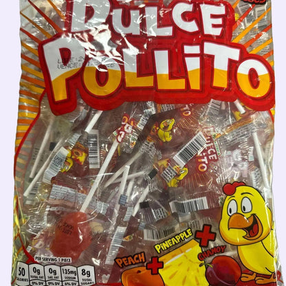 Dulce Pollito Peach, Pineapple & chamoy 40 count suckers