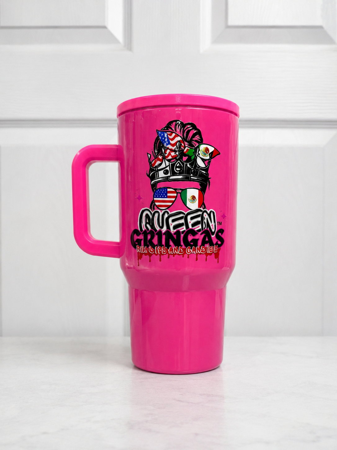 Hot pink Queen Gringas 40oz stainless steel insulated travel mug with handle and logo