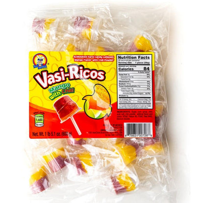 Vasi-Ricos Cucumber with Chili, Mango with Chili, or Watermelon with Chili or chamoy with chili 20 Count Lollipops
