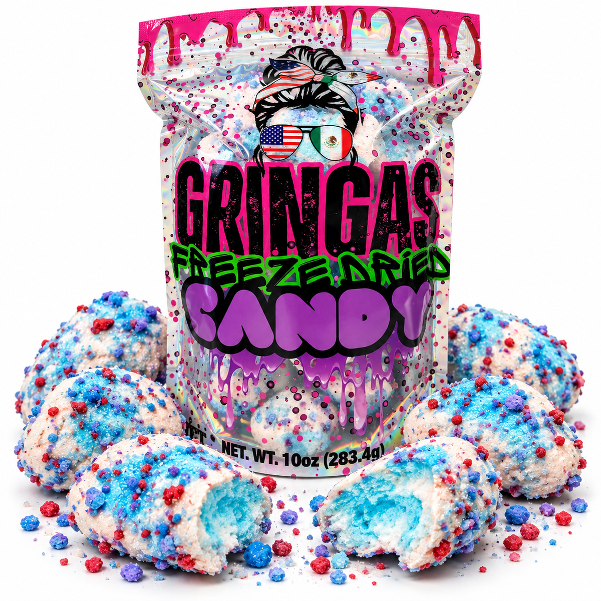 Freeze dried cotton candy taffy poppers with cotton candy glaze and crunchies