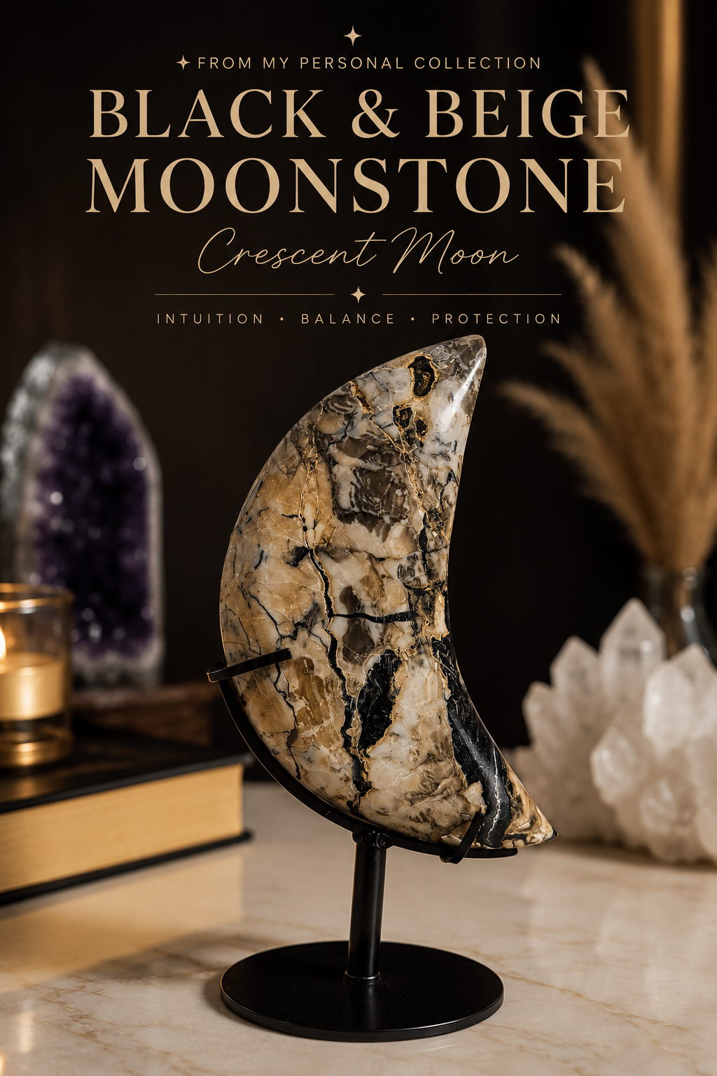 Black & Beige Moonstone Crescent Moon