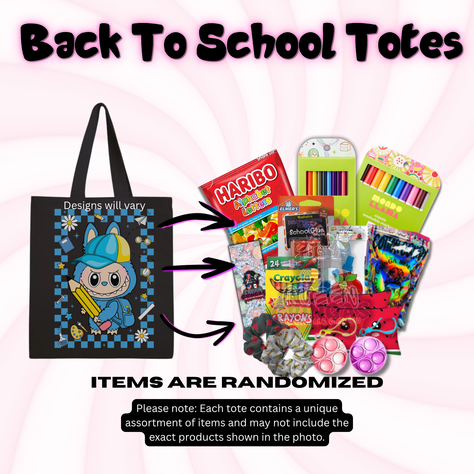 Back to school tote bag with assorted items on a pink background