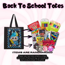 Back to school tote bag with assorted items on a pink background