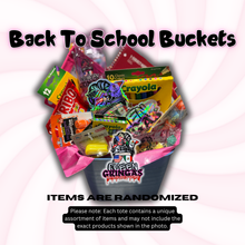 Back-to-school candy tote or bucket with pickle kits & fruity Gringas candy. Limited edition candy gift bag for kids, teens, or adults.