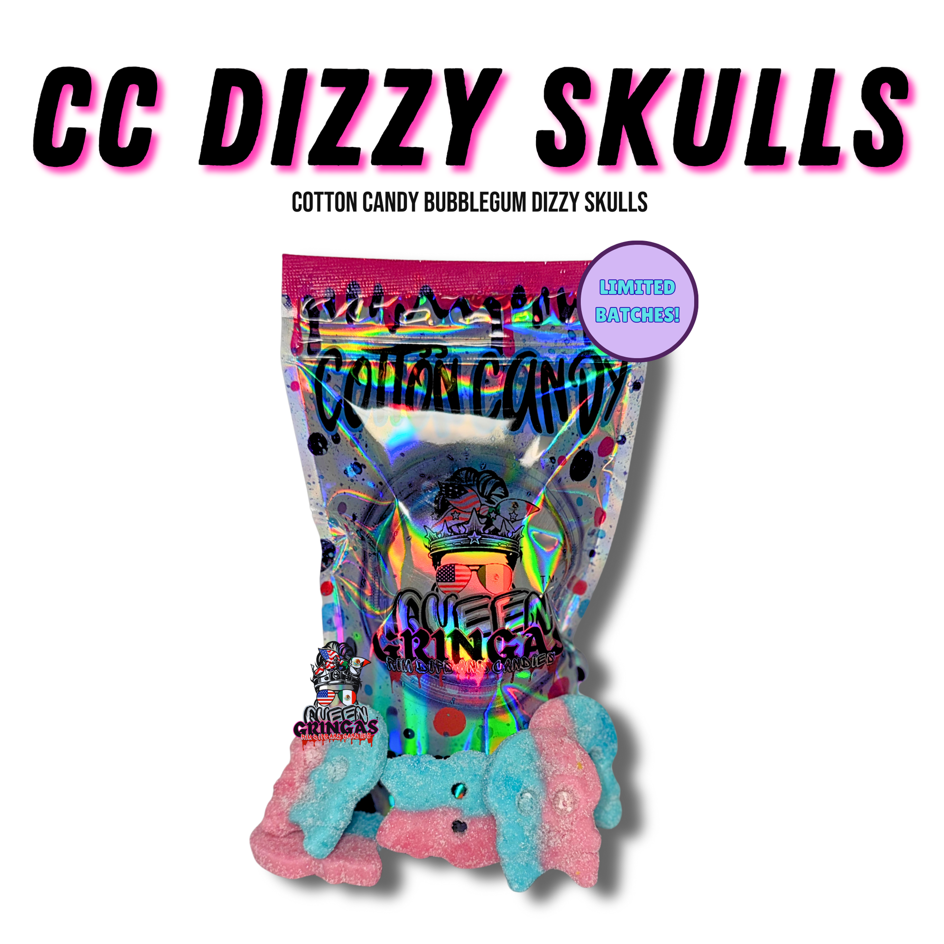 Bag of CC Dizzy Skulls cotton candy bubblegum candy with marshmallow texture, pink and blue skull shapes, limited batch packaging.