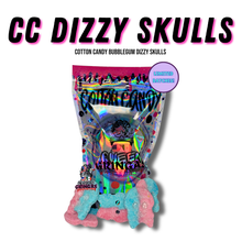 Bag of CC Dizzy Skulls cotton candy bubblegum candy with marshmallow texture, pink and blue skull shapes, limited batch packaging.