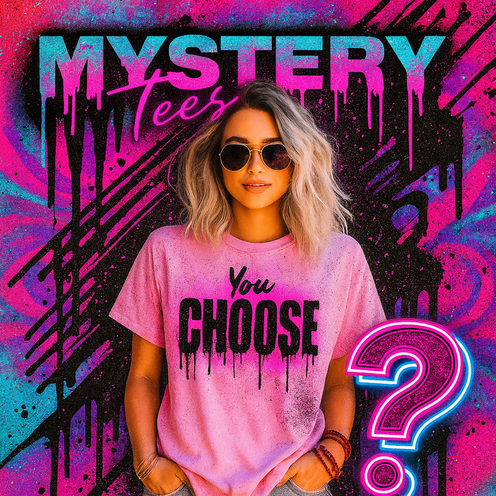 “Mystery Tees, Hoodies, and Crewnecks — you pick the size, we pick the color. Surprise apparel for everyday comfort.”