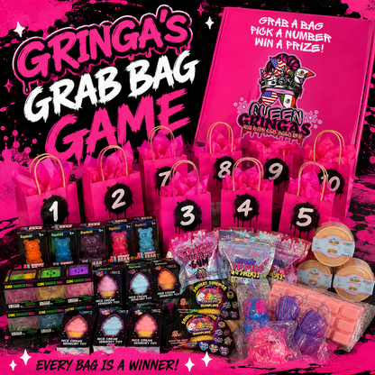 Gringa's Grab Bag Game promotional display with a large pink prize box, five numbered pink gift bags, assorted candy and beauty items, and bold promotional text on a pink splatter background.