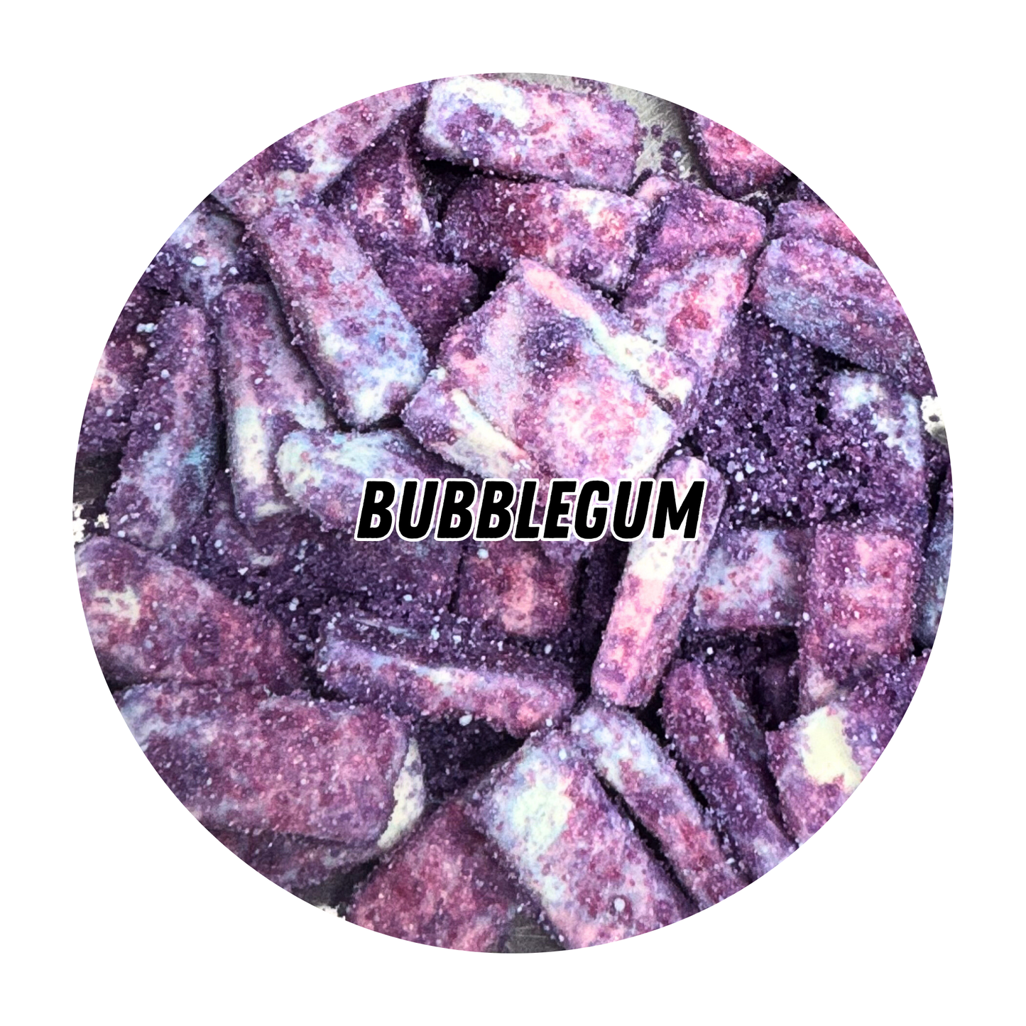 Bubblegum Gringa’s Squish-Yums – purple-pink coated marshmallow candies.