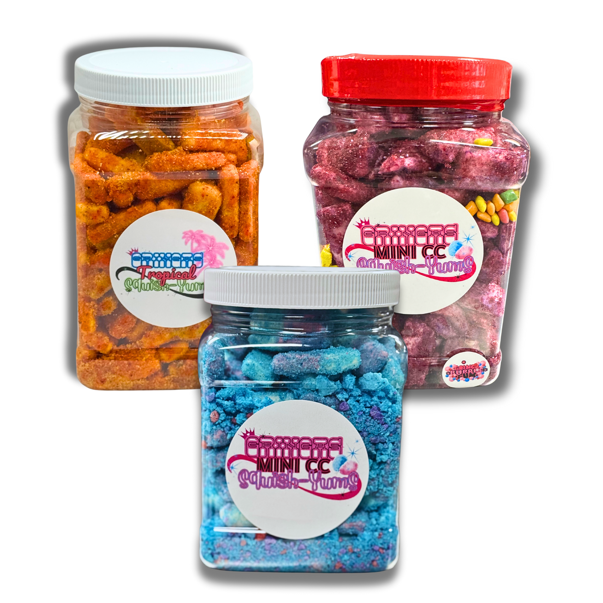 Trio of Squish-Yums showing all flavors: Tropical, Bubblegum, Cotton Candy.