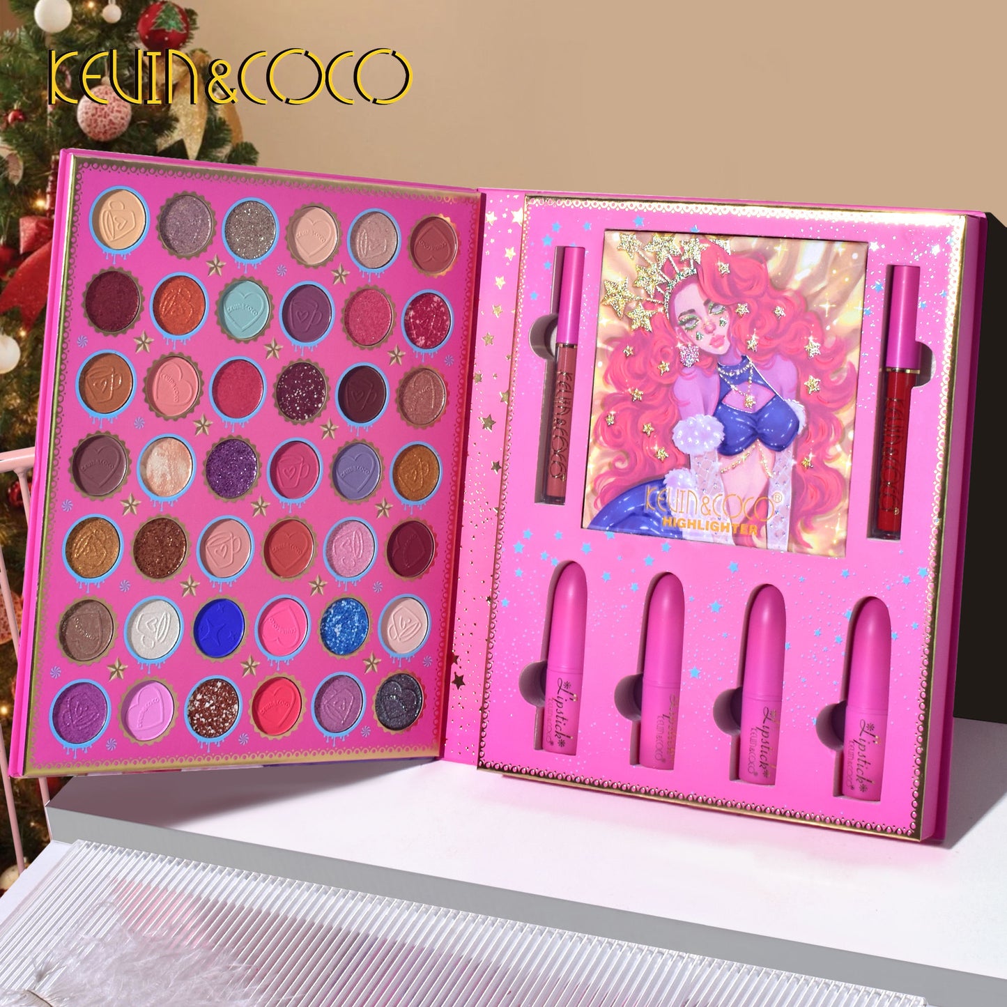 Makeup set with eyeshadows and lipsticks in a pink case, featuring a character illustration on a beige background.