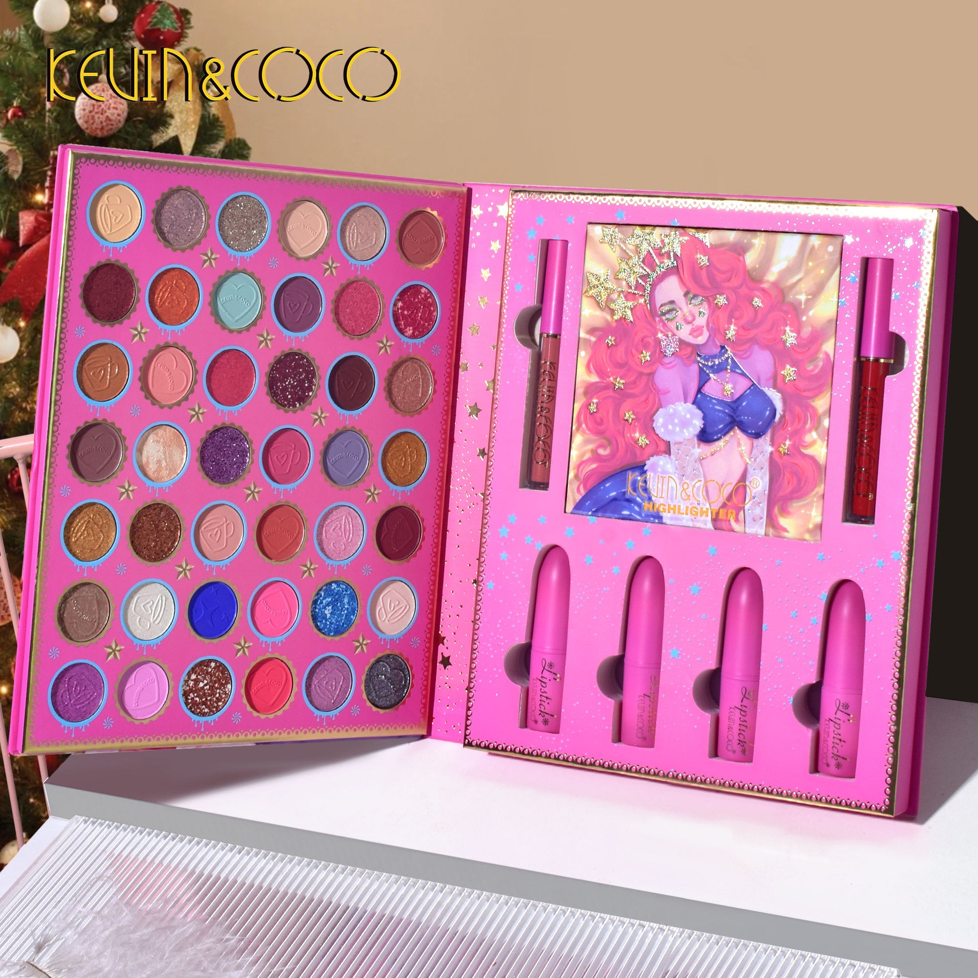 Makeup set with eyeshadows and lipsticks in a pink case, featuring a character illustration on a beige background.