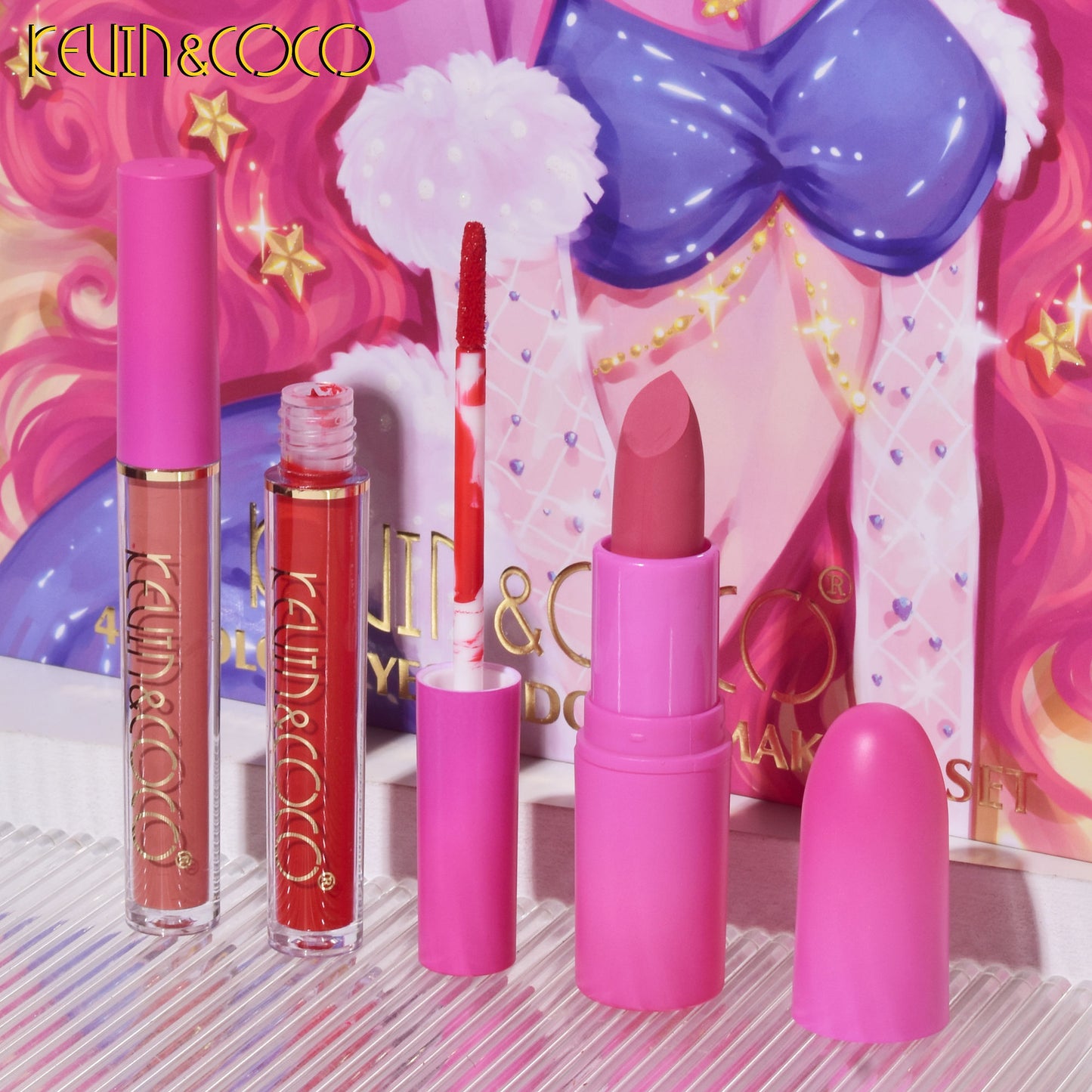 Kevin & Coco lip products with colorful background