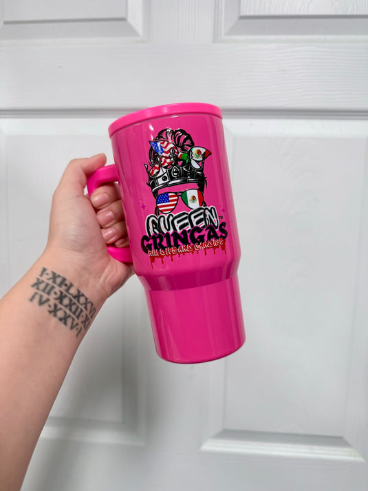 Hot pink Queen Gringas 40oz stainless steel insulated travel mug with handle and logo