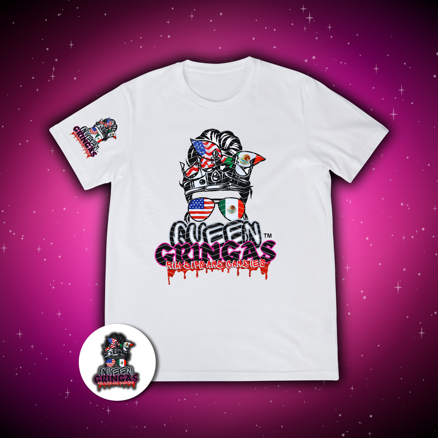 White unisex t-shirt with Queen Gringa logo featuring American and Mexican flag bandana, graffiti-style dripping text, and sleeve logo, available up to 5XL in multiple colors.