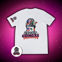 White unisex t-shirt with Queen Gringa logo featuring American and Mexican flag bandana, graffiti-style dripping text, and sleeve logo, available up to 5XL in multiple colors.