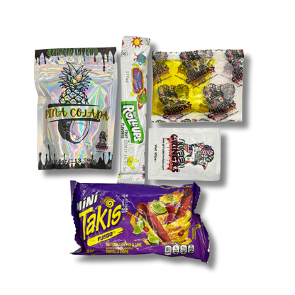 Four Gringa’s Viral Pickle Kit bags in Piña Colada, King Razz Sour, Gringa Bubblegum, and Cotton Candy flavors with holographic packaging.