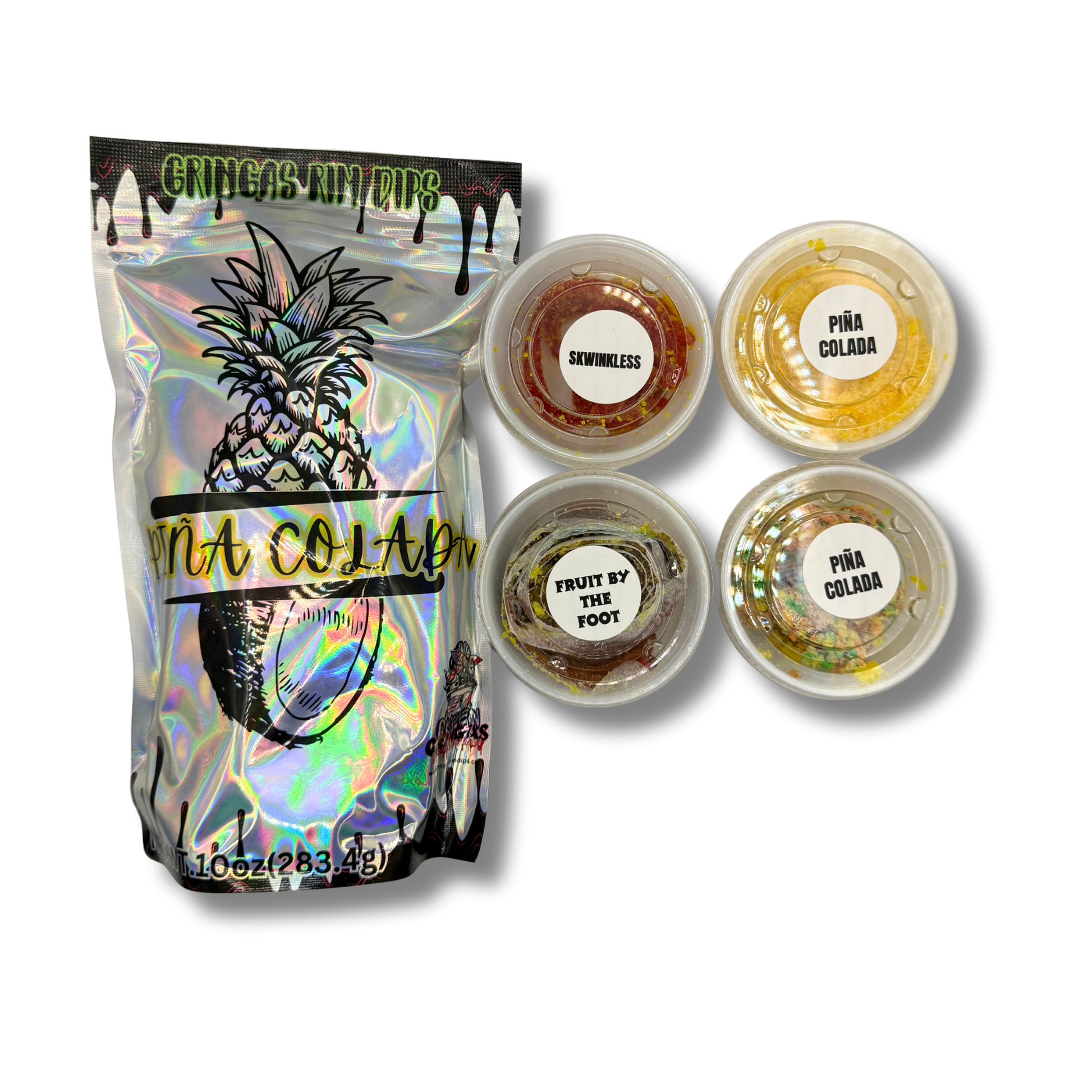 Holographic packaging with 'Pina Colada' flavor labels on small containers.