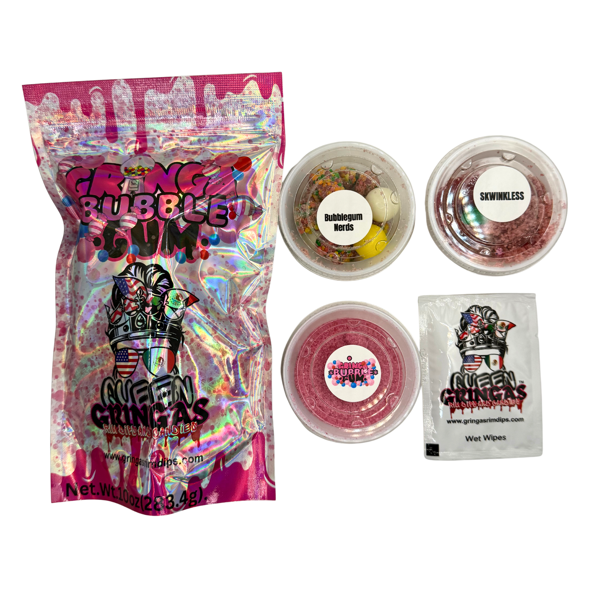 Grime Bubble Gum product set with packaging, gum balls, and wipes on a white background