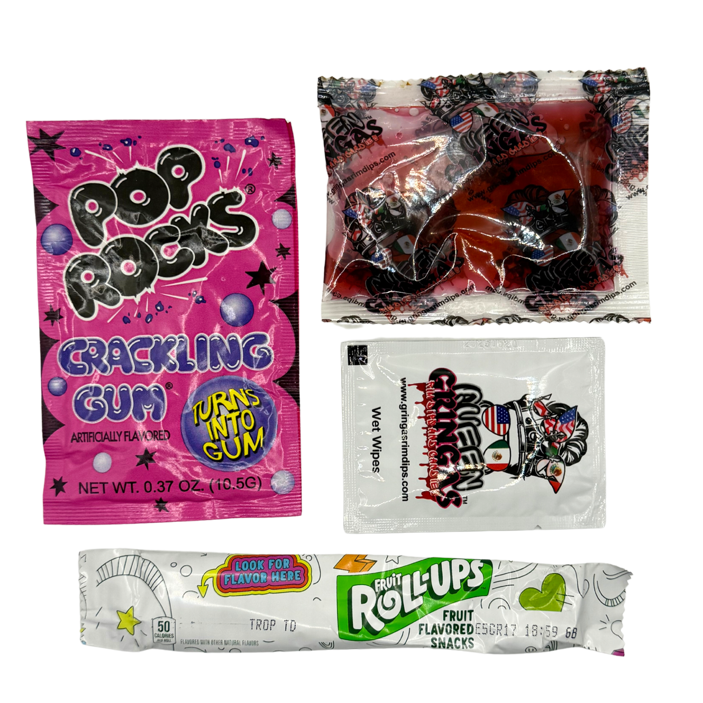 Four different snack packages including Pop Rocks, Wet Wipes, and Fruit Roll-Ups on a white background.