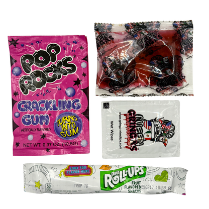 Four different snack packages including Pop Rocks, Wet Wipes, and Fruit Roll-Ups on a white background.