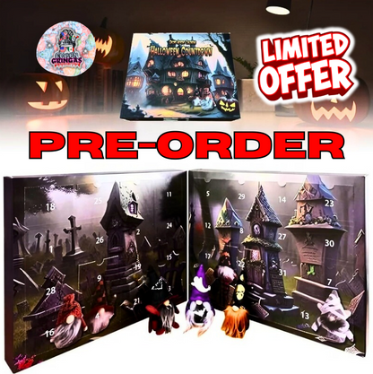 Halloween-themed advent calendar with limited offer text and pumpkins in the background