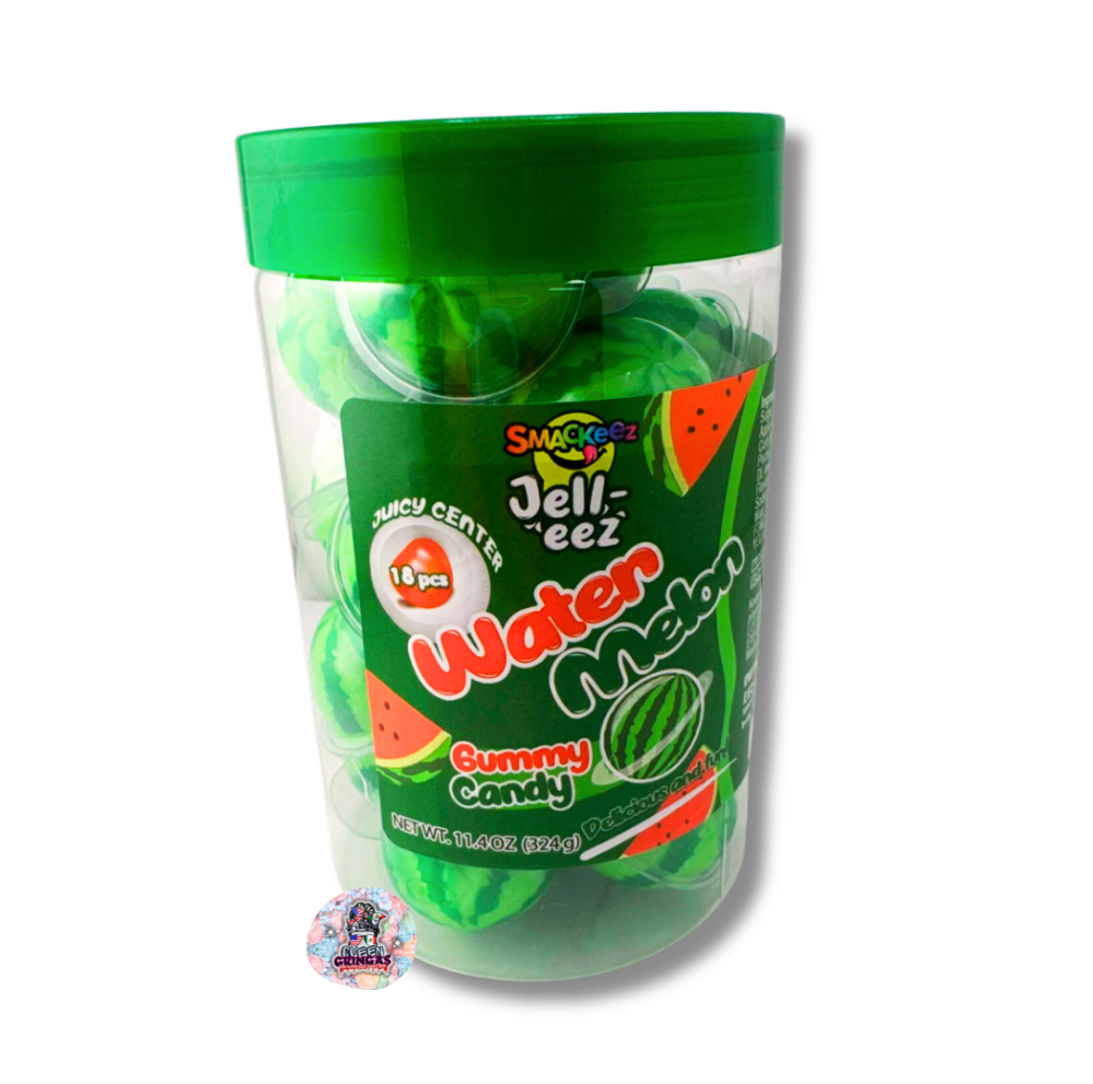 Clear plastic tub of Smackeez Jell-eez Watermelon Gummy Candy with 18 individually wrapped green watermelon gummies, juicy center, 11.4oz (324g).