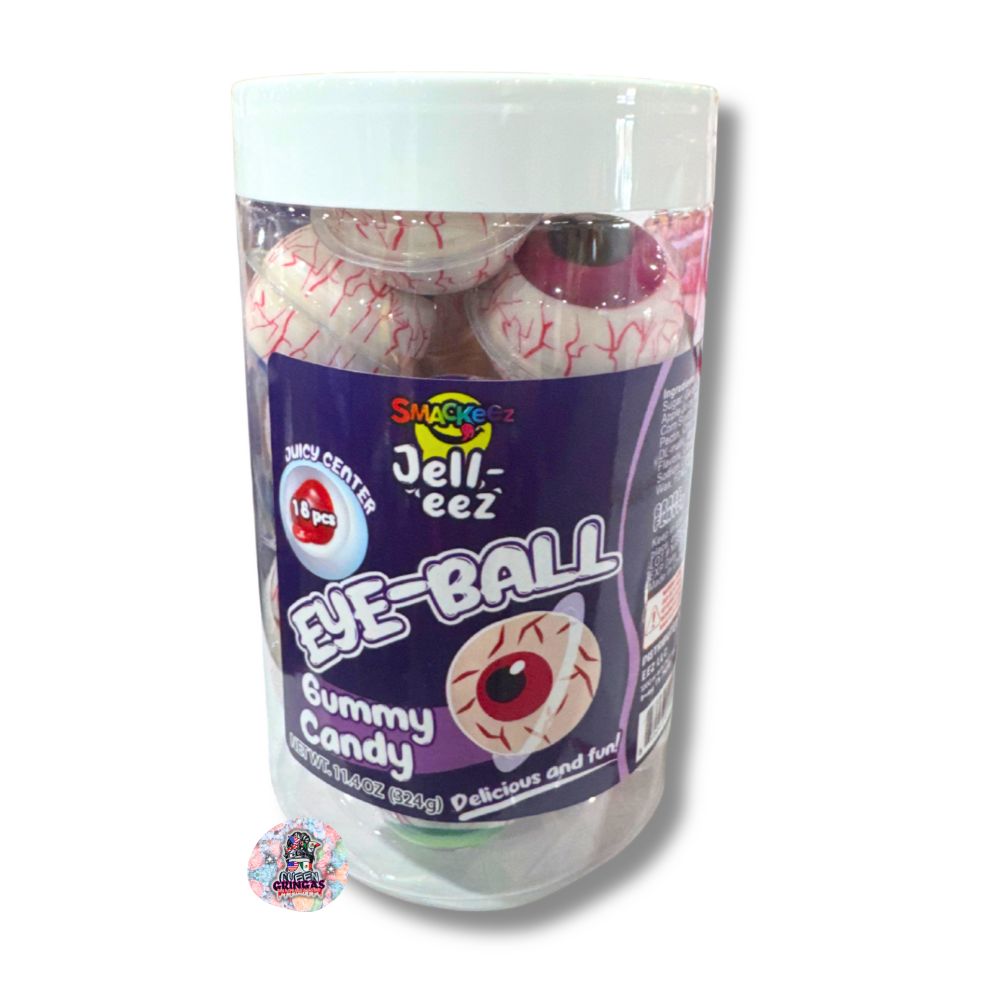 Clear tub of Smackeez Jell-eez Eyeball Gummy Candy with 18 individually wrapped eyeball-shaped gummies, juicy red centers, 11.4oz (324g).