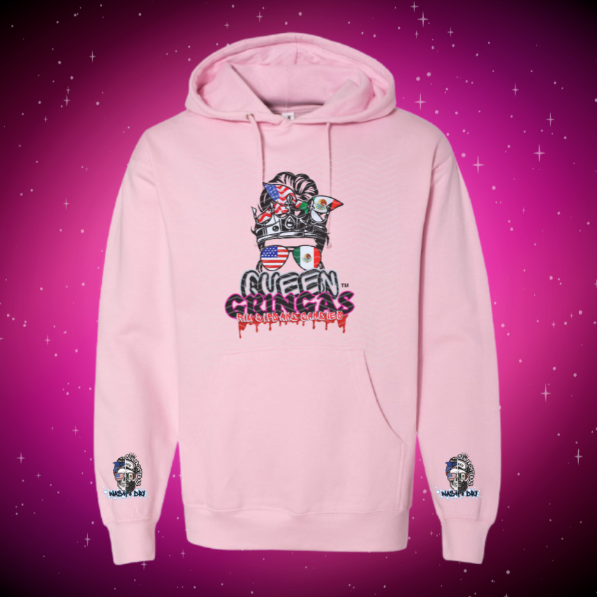 Light pink hoodie featuring Queen Gringa graphic with American and Mexican flag bandana, graffiti-style dripping logo, and sleeve prints for Wash N’ Dry and Queen Gringa branding.