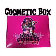 Hot pink Queen Gringa cosmetic mystery box filled with makeup, lashes, skincare, and beauty surprise items.