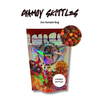 Sweet and tangy Chamoy Skittles in a 2oz sample bag. Fruity chamoy-coated candy with no spice. Perfect snack-size chamoy candy treat for on-the-go.
