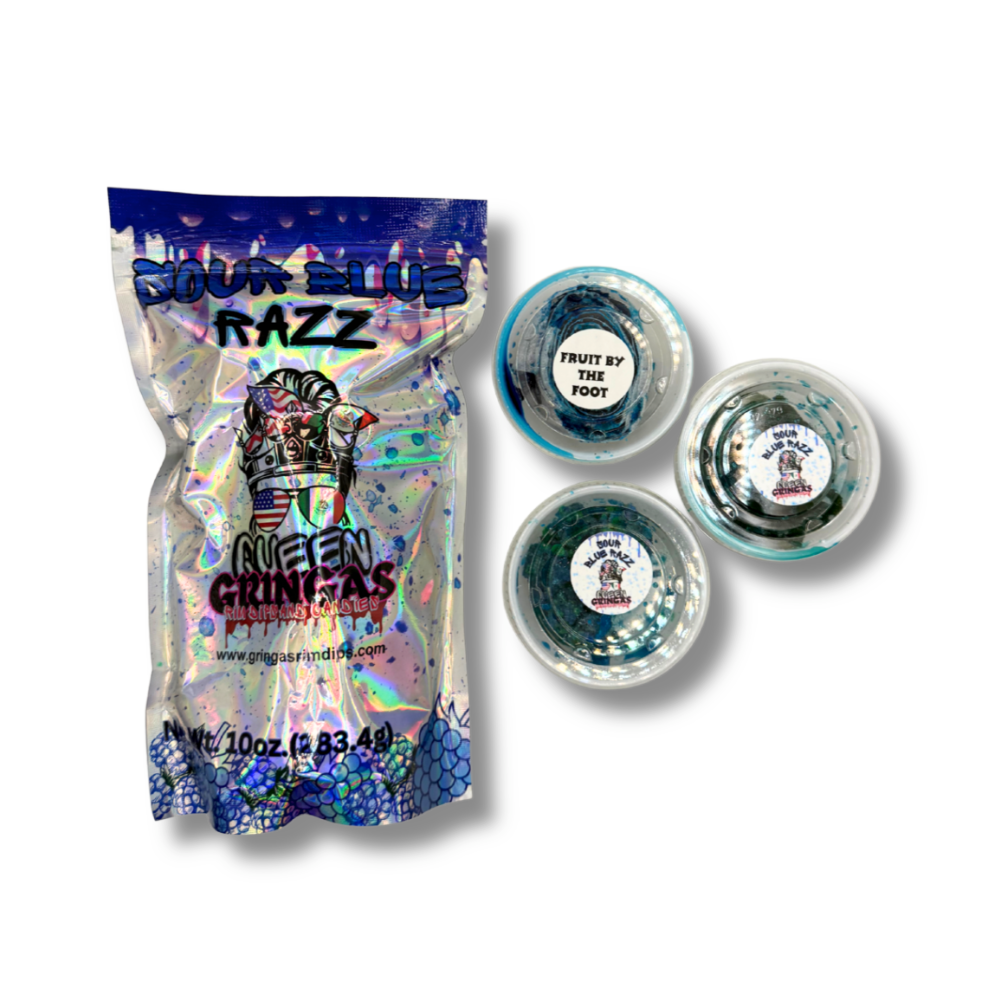Four Blue Razz candy package with three clear containers on a white background