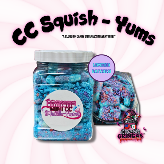 Jar of CC Squish Yums with pink background and branding elements.