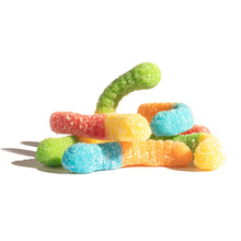 Bright neon sour gummi worms coated in tangy sugar, 5oz Pick-N-Mix candy selection.