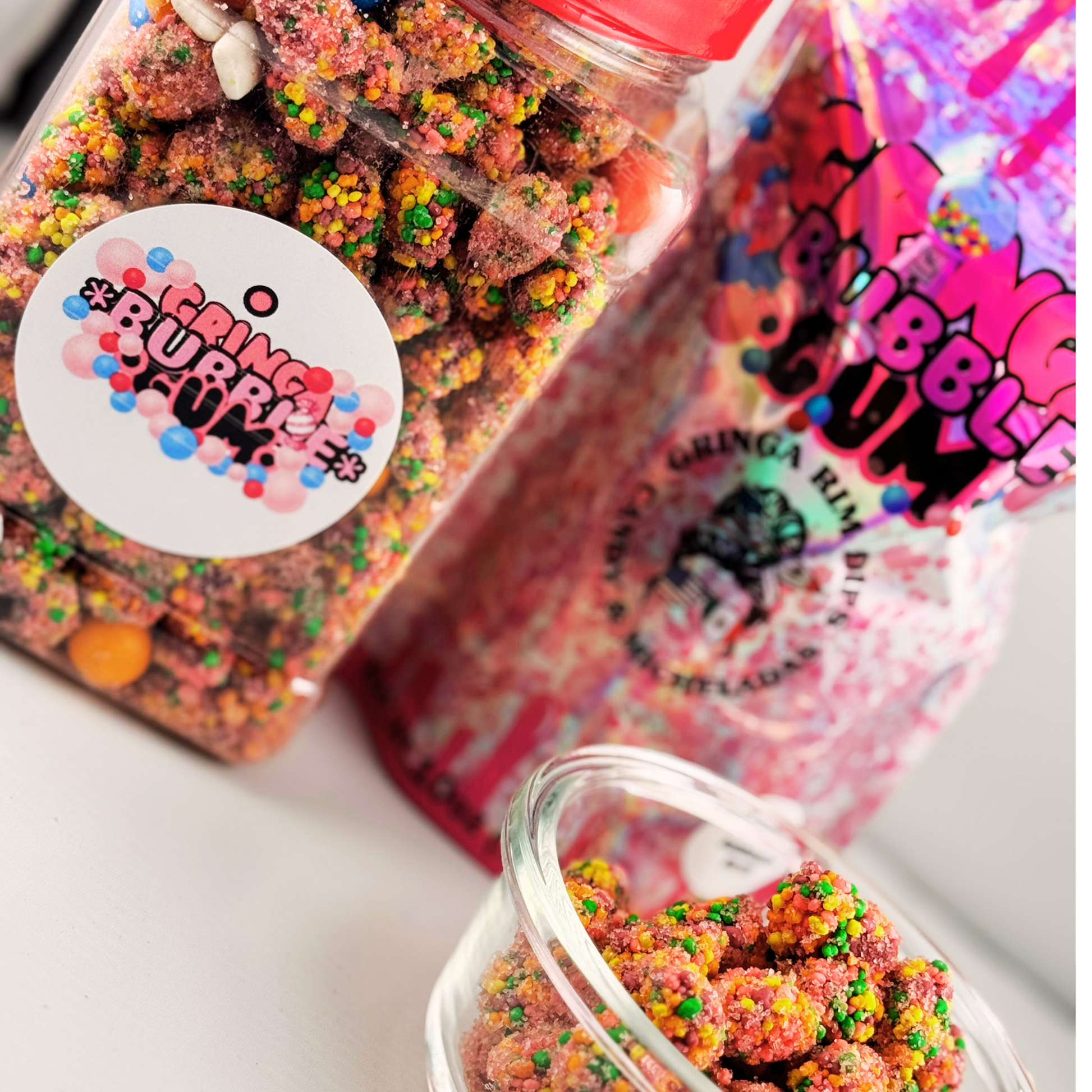 Colorful gummy candies in a jar with 'Gringa Bubble' branding.