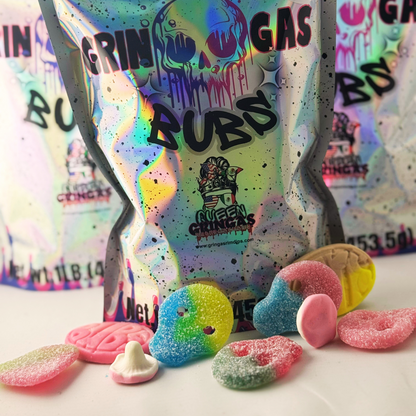 Gringas Bubs Candy – Sweet and tangy individually wrapped fruity gummies displayed in front of a holographic resealable bag. Features bold, vibrant colors and chewy texture. Perfect for gifting, snacking, or candy buffets.