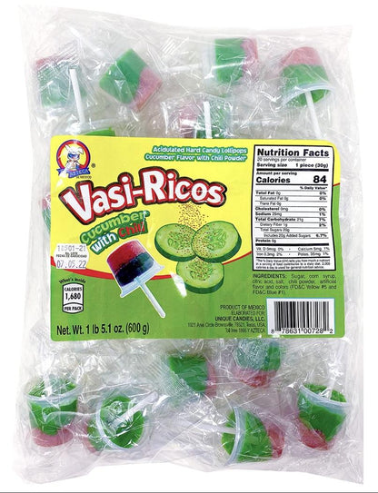 Vasi-Ricos Cucumber with Chili, Mango with Chili, or Watermelon with Chili or chamoy with chili 20 Count Lollipops